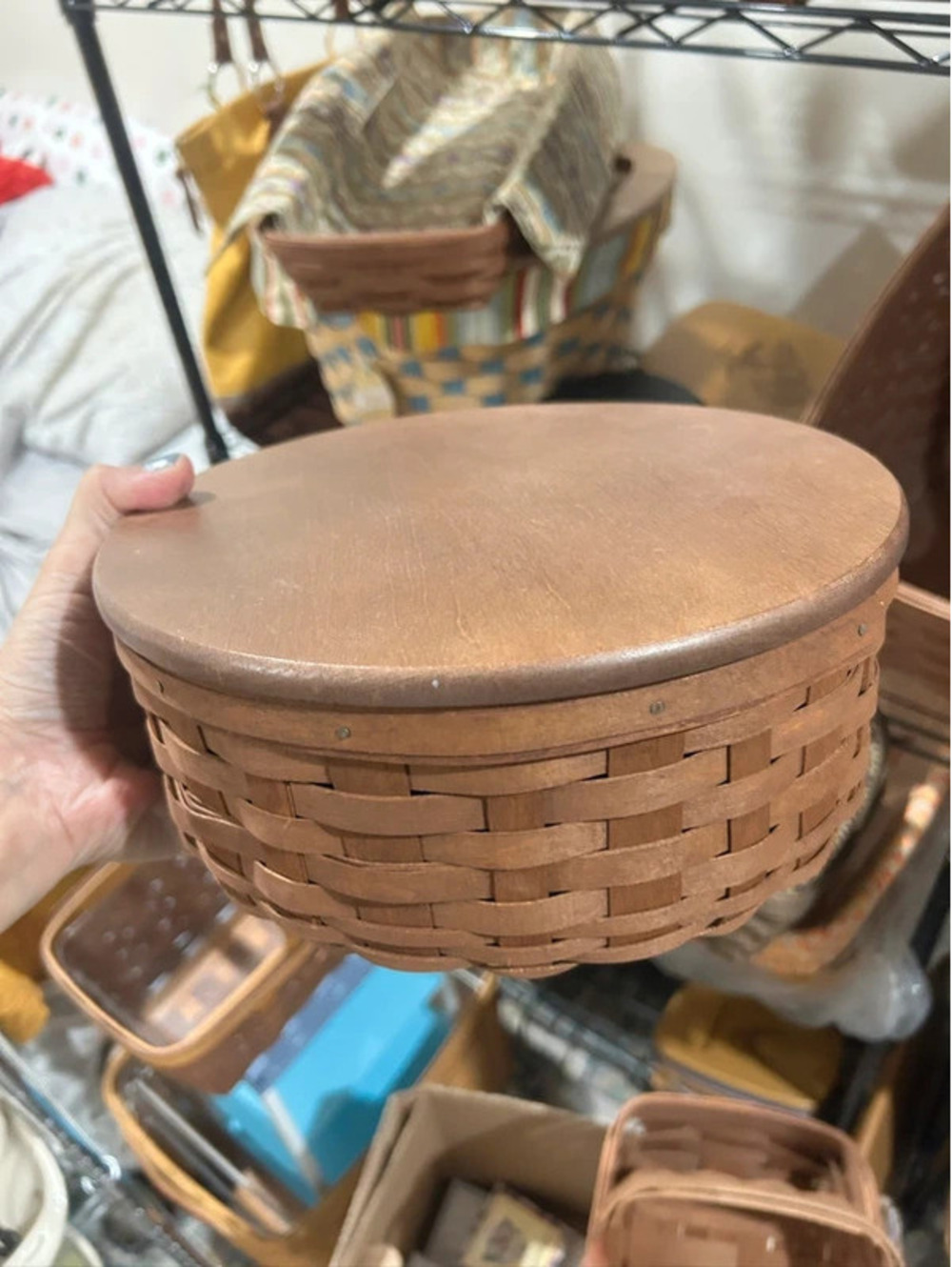 Longaberger 9” Round keeping basket with woodcrafts lid lidded protector